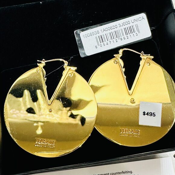 NIB Versace Barocco Virtus Hoop Earrings Gold Tone Engraved Jewelry $775 - Picture 8 of 10